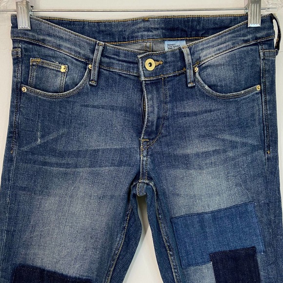 H&M Skinny Low Waist Ankle Blue Patchwork Jeans - Picture 3 of 8